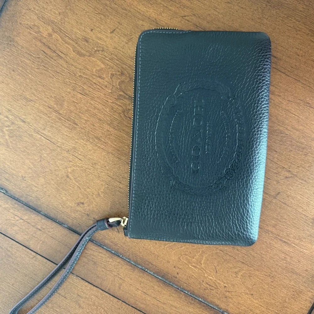 Coach Black Pebbled Leather Embossed Logo Large Wristlet Gold Hardware Wallet